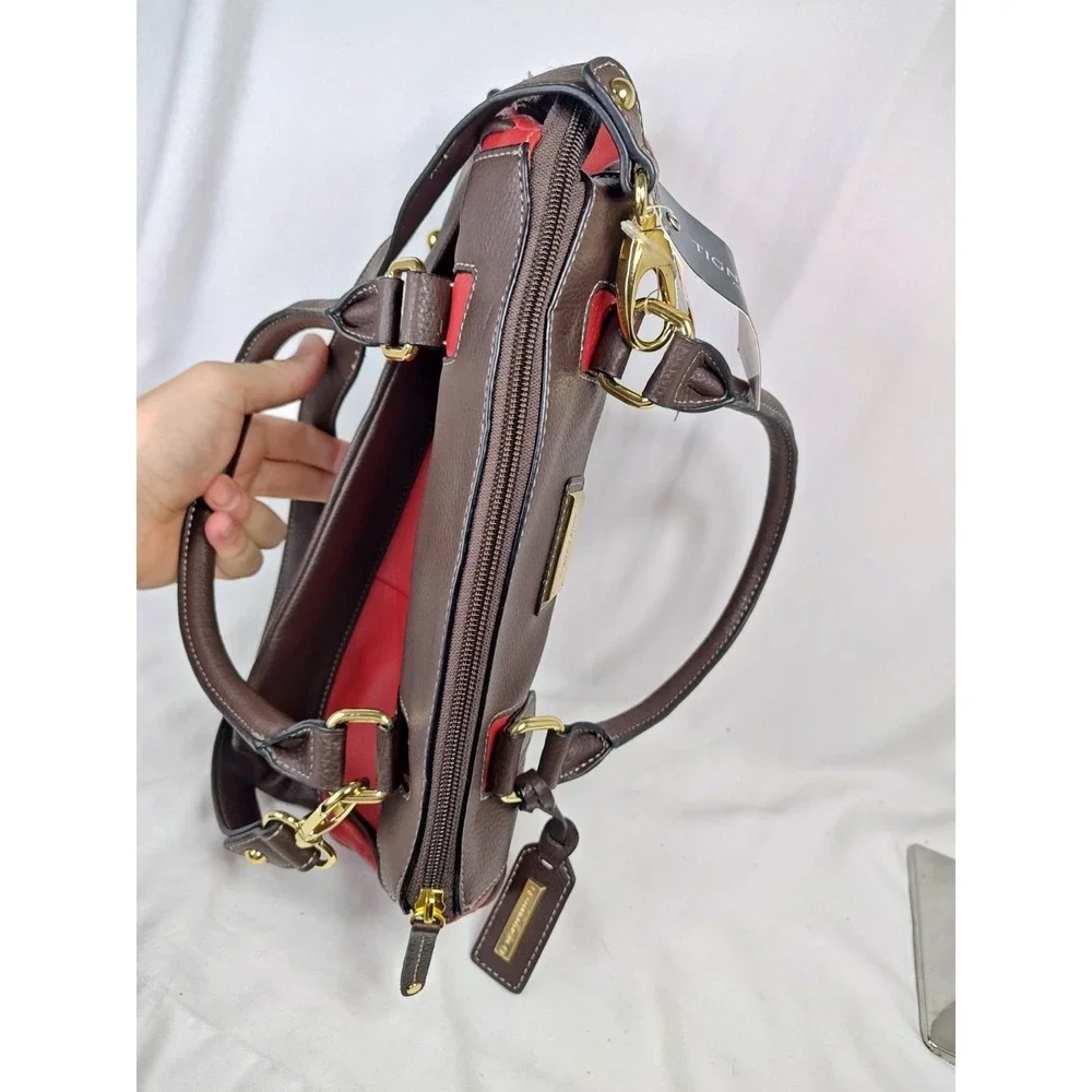 NWT Tignanello Social Status Satchel Leather Handbag Red Brown Shoulder Strap
